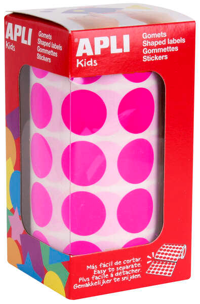 Autocolantes redondos fúcsia Apli Ø 20mm - 59 folhas pré-cortadas - 1770 autocolantes por rolo - Ideal para escolas e oficinas infantis - Em conformidade com as normas EN-71 e FSC