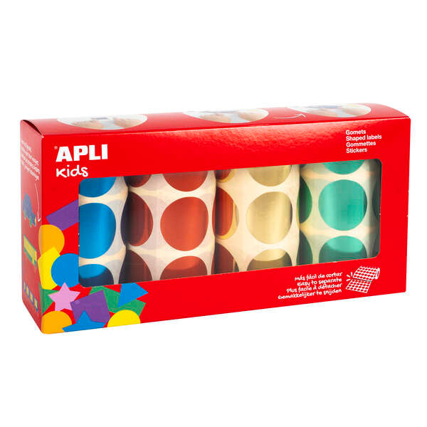 Lot de 2 256 autocollants ronds Apli Ø 33 mm – 4 rouleaux de 564 autocollants – Adhésif permanent – Idéal pour les crèches et les écoles – Couleurs métallisées assorties