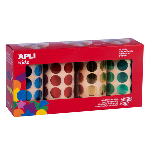 Apli Pack com 5.640 autocolantes redondos de Ø 20 mm - 4 rolos de 1.410 autocolantes - Autocolante permanente - Ideal para creches e escolas - Cores metálicas sortidas