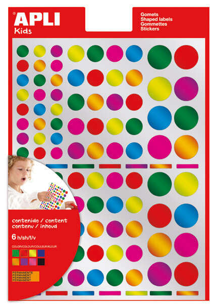 Lot de 624 autocollants ronds Apli - Adhésif repositionnable - Finition métallisée - Idéal pour les écoles maternelles - Développement des compétences et de la créativité - Couleurs et tailles assorties