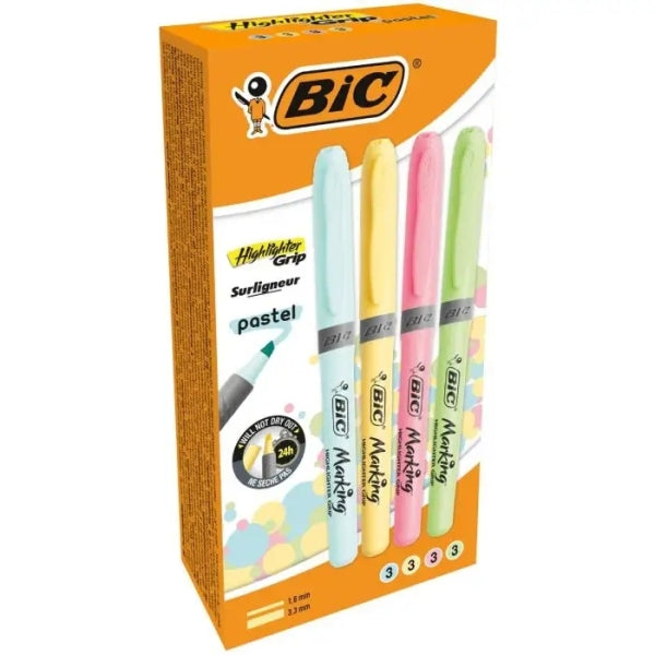 Lot de 12 marqueurs fluorescents pastel Bic Highlighter Grip - Pointe biseautée - Largeur de trait entre 1,60
