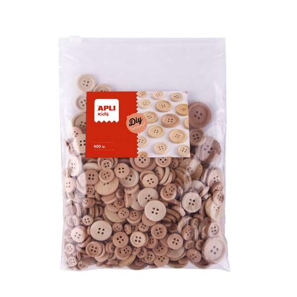 Sachet Apli Kids de 400 boutons en bois naturel - Tailles : 10 mm, 15 mm, 20 mm, 25 mm, 30 mm