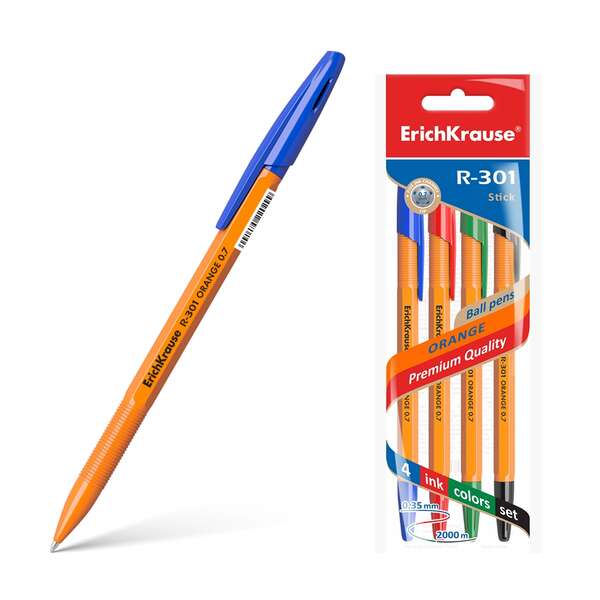 Conjunto de 4 canetas Erichkrause R-301 Orange Stick 0.7 - Corpo hexagonal opaco - Ponta de 0,7 mm -