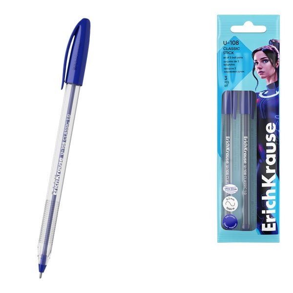 Conjunto de 3 Canetas Clássicas Erichkrause U-108 - Ponta Esferográfica de 1,0 mm - Traço de 0,3 mm - Tampa Ventilada