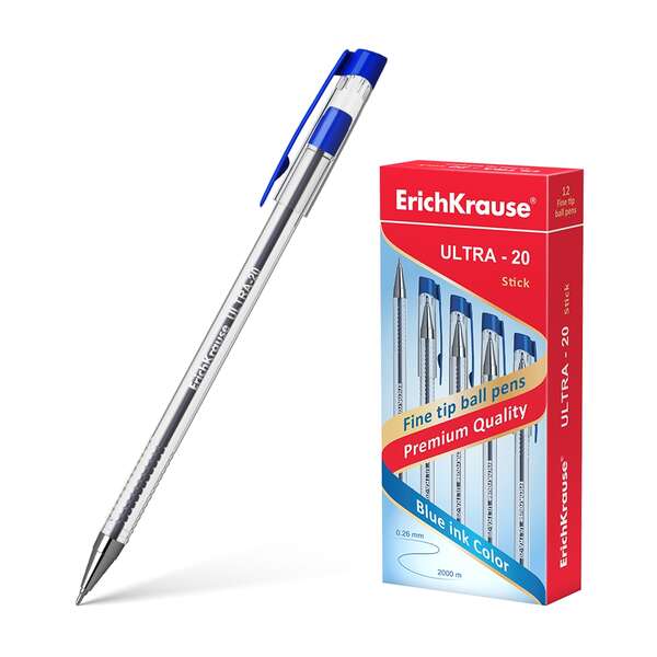 Stylo bille Erichkrause Ultra-20 - Pointe métallique type aiguille - Corps rond transparent avec zone de préhension