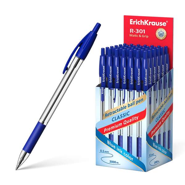 Stylo bille rétractable Erichkrause R-301 Classic Matic&Grip, pointe 1,0 mm, course 0,5 mm, grip en agar