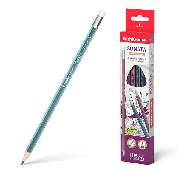 Lápis de grafite triangular Erichkrause Sonata HB com borracha - Madeira selecionada - Dureza