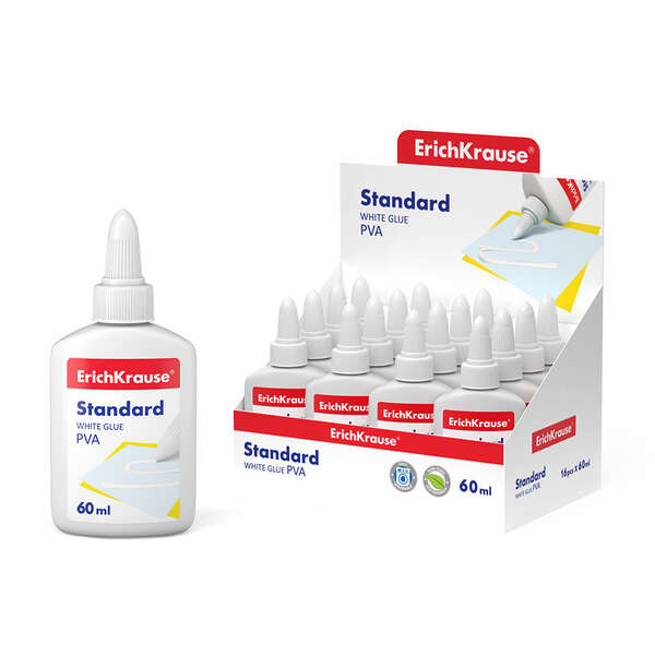 Colle PVA blanche standard Erichkrause 60 ml - Applicateur autonettoyant - Régulateur d'intensité - Non toxique - Résistante au froid - Blanche - Quantité : 16