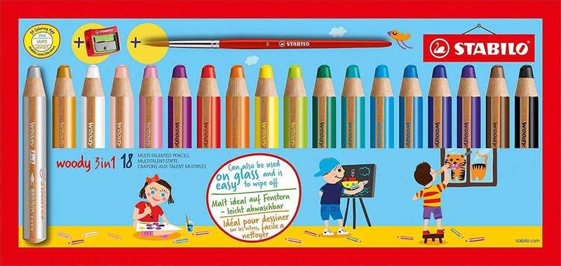 Stabilo Woody Coffret 3 en 1 de 18 crayons de couleur + taille-crayon + pinceau n° 8 - Crayon de couleur, crayon à papier