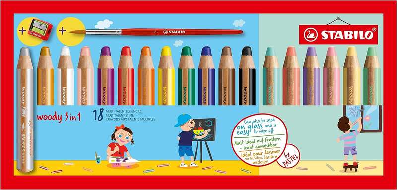 Stabilo Woody 3 en 1 Lapices de Colores Incluidos Pastel + Sacapuntas + Pincel Nº 8 - Lap