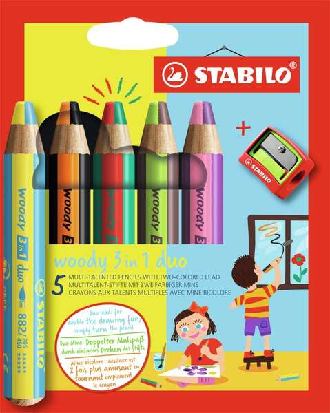 Stabilo Woody 3 en 1 Duo Lapices de Colores + Sacapuntas - Mina 2 Colores XXL 10mm - Lapiz