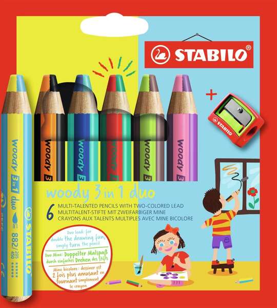 Stabilo Woody 3 en 1 Duo Lapices de Colores + Sacapuntas - Mina 2 Colores XXL 10mm - Lapiz