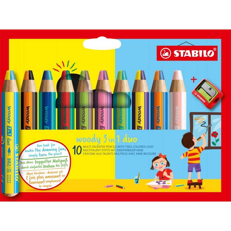 Stabilo Woody 3 en 1 Duo Lapices de Colores + Sacapuntas - Mina 2 Colores XXL 10mm - Lapi