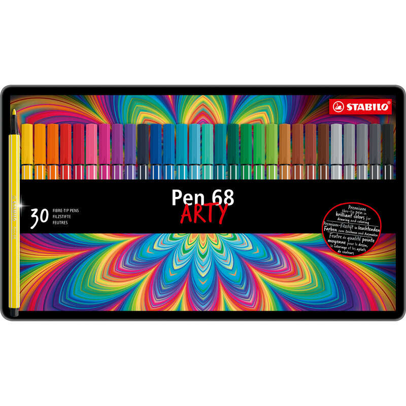 Stabilo Pen 68 Arty Caja Metalica de 30 Rotuladores - Punta de Fibra - Trazo de 1mm aprox. - Tinta a