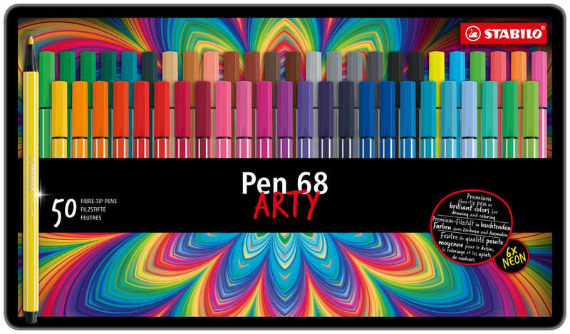 Stabilo Pen 68 Arty Caja Metalica de 50 Rotuladores - Punta de Fibra - Trazo de 1mm aprox. - Tinta a