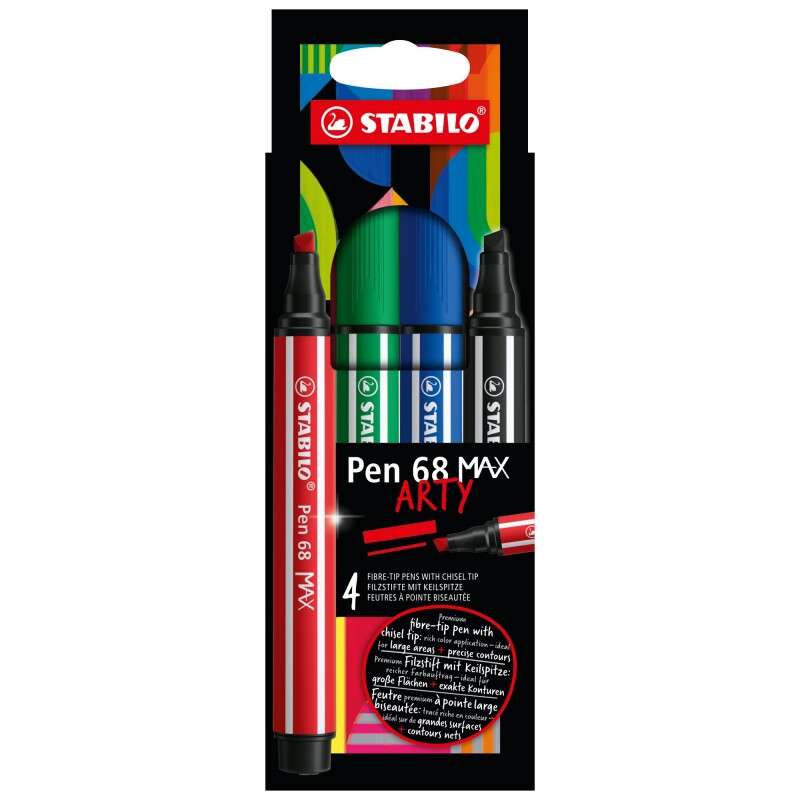 Stabilo Pen 68 MAX Arty Pack de 4 marqueurs - Pointe en fibre biseautée - Largeur de trait entre 1 et 5 mm environ.