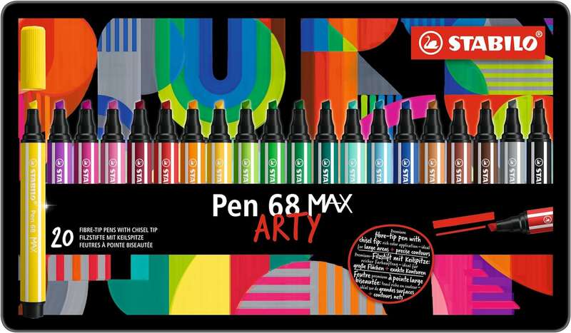 Stabilo Pen 68 MAX Arty Boîte de 20 marqueurs métalliques - Pointe biseautée en fibre - Longueur de trait de 1 à 5 m