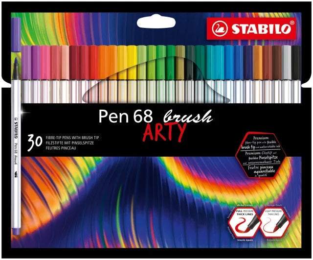 Stabilo Pen 68 Brush Arty, lot de 30 feutres à pointe pinceau, encre à base d'eau, couleurs
