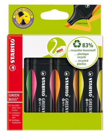 Lot de 4 marqueurs fluorescents Stabilo Green Boss - Fabriqués avec 83 % de plastique recyclé -