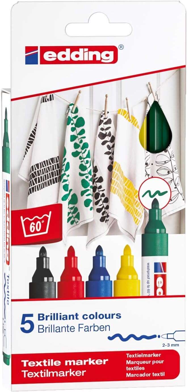 Lot de 5 marqueurs textiles permanents Edding 4500 Basics - Pointe ronde - Trait de 2 à 3 mm - Ol