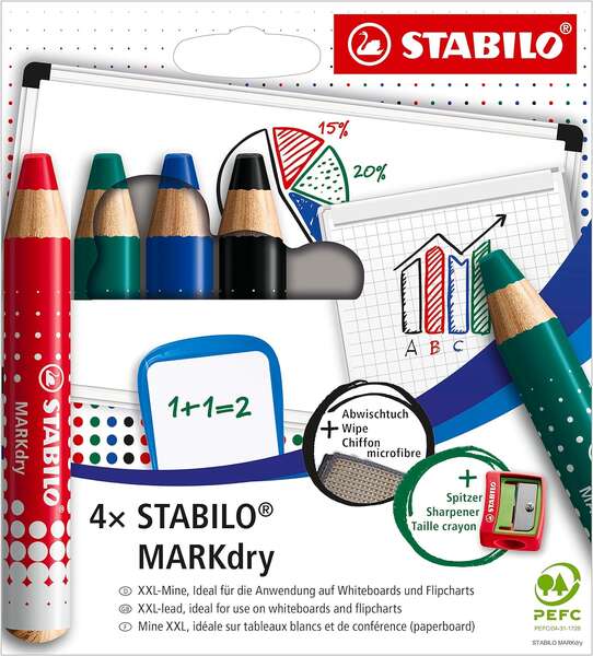 Lot de 4 marqueurs pour tableau blanc Stabilo MARKdry + taille-crayon + chiffon de nettoyage - Mine XXL 10 mm