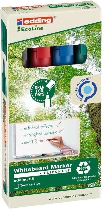 Edding 28 EcoLine Lot de 4 marqueurs pour tableau blanc - Pointe ronde - Largeur de trait 1,5-3 mm - Couverture 90 %