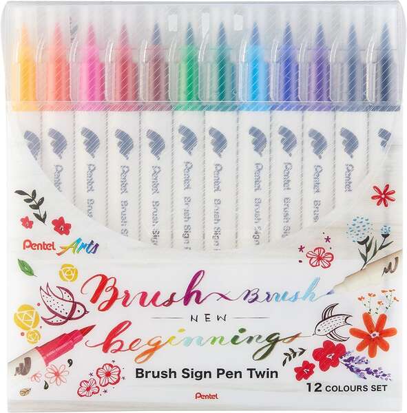 Conjunto duplo de 12 marcadores Pentel Brush Sign com pontas duplas flexíveis - Ponta larga 1