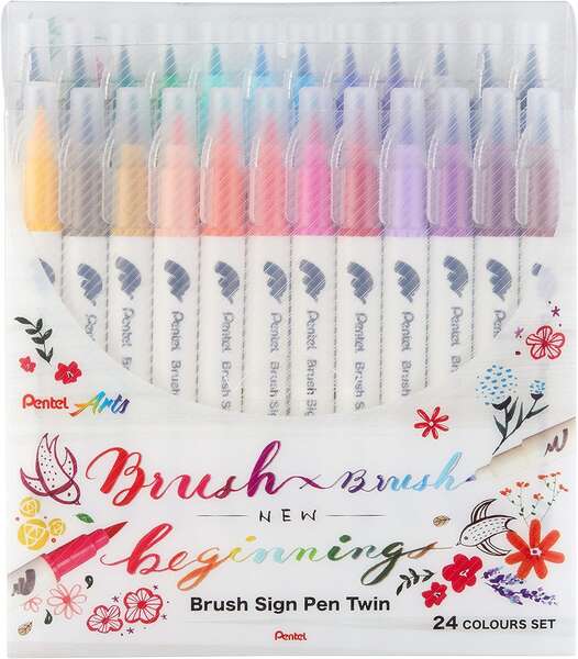 Lot de 24 marqueurs Pentel Brush Sign Pen à double pointe flexible - Pointe large 1
