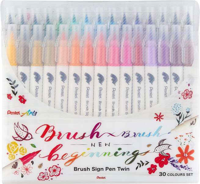 Conjunto duplo de 30 marcadores Pentel Brush Sign com ponta dupla flexível - Ponta larga 1