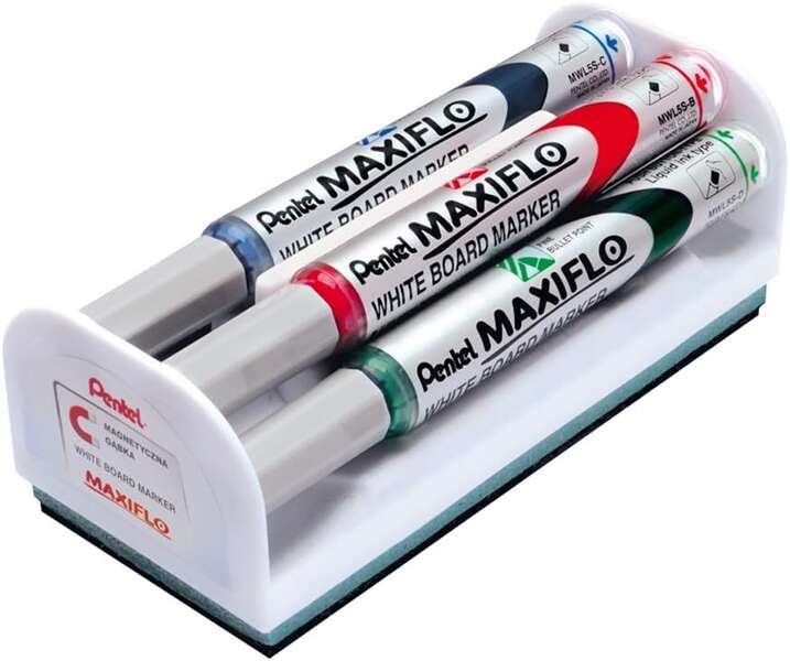 Pentel Maxiflo Lot de 4 marqueurs pour tableau blanc + effaceur magnétique - Pointe ogive - Large