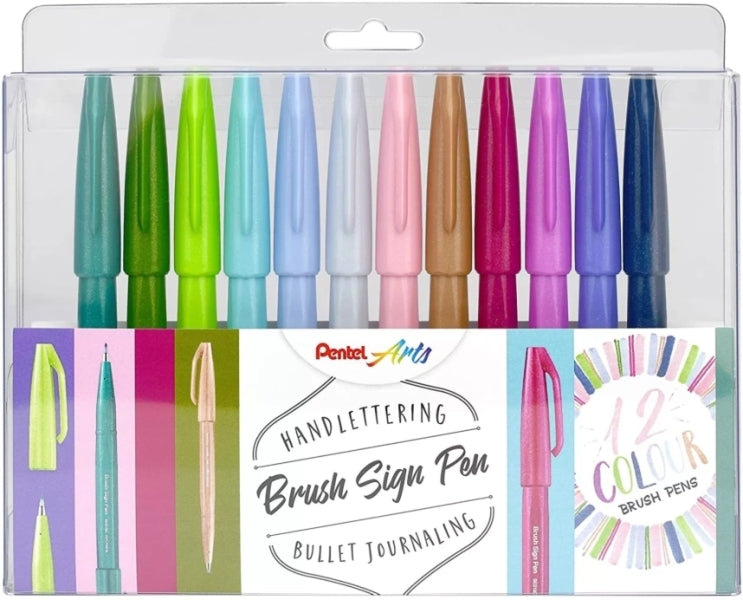 Conjunto de 12 Canetas Marcadoras Pentel Brush Sign com Ponta de Pincel - Traços Finos ou Grossos, dependendo das suas necessidades.