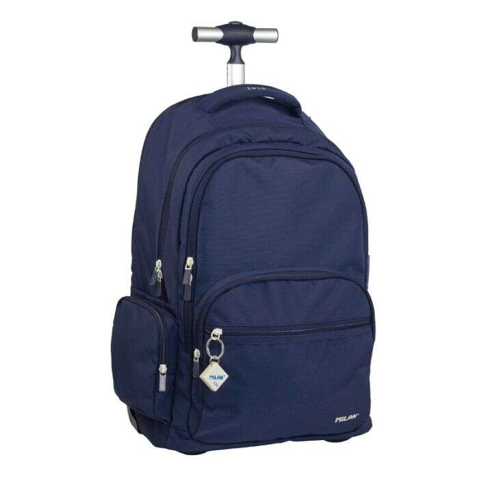 Sac à dos scolaire Milan Serie 1918 25 L avec trolley intégré et poignée télescopique en métal - 3 poches avant + 2 poches latérales - Dimensions : 46,5 x 30 x 17 cm - Bleu foncé