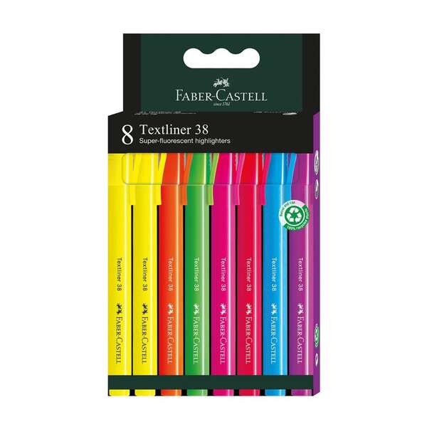 Faber-Castell Textliner 38 - Pack de 8 Marcadores Fluorescentes - Corpo Fino - Ponta Chanfrada - Traçado