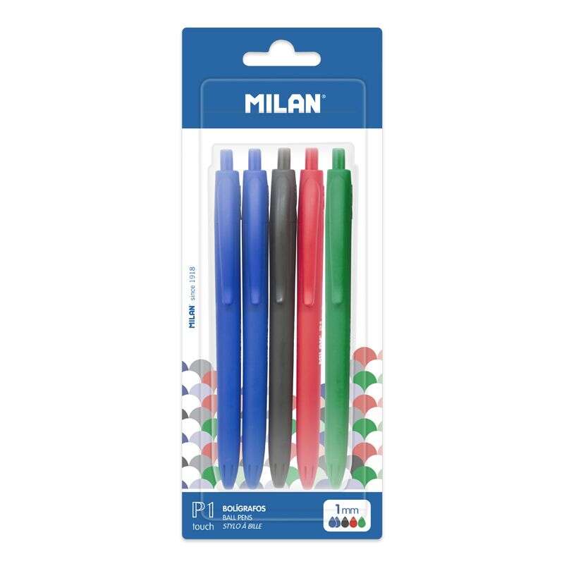 Lot de 5 stylos à bille rétractables Milan P1 Touch - Pointe ronde 1 mm - Encre à base d'huile