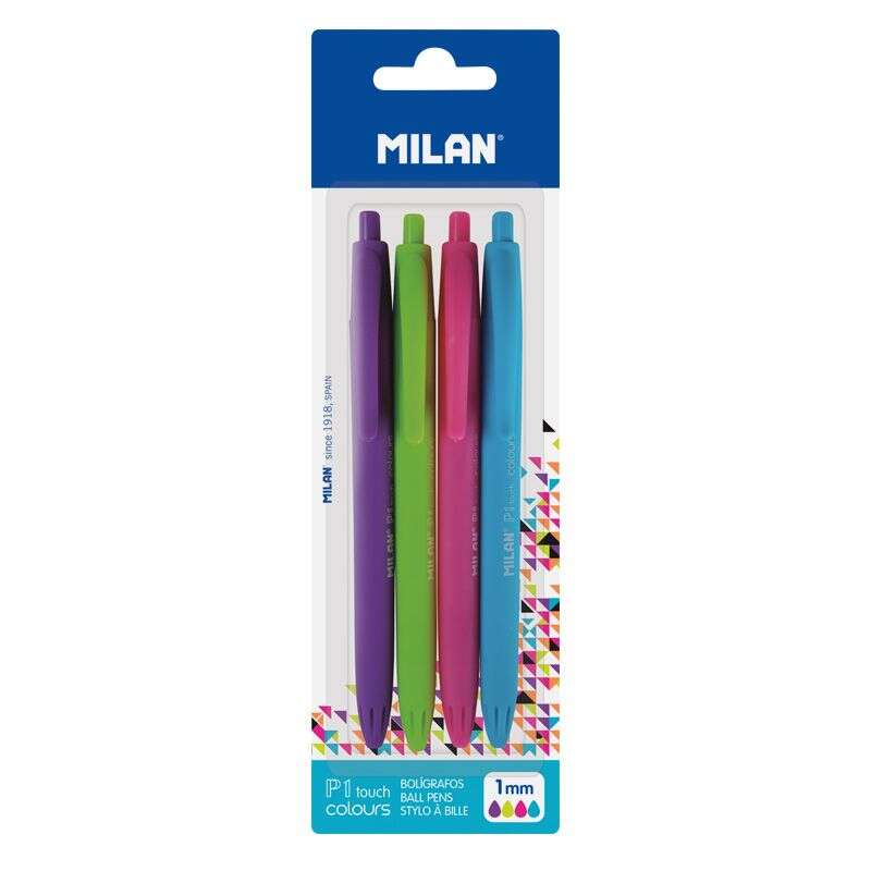 Conjunto de 4 Canetas Esferográficas Retráteis Milan P1 Touch Colours - Ponta Redonda de 1mm - Tinta com Base