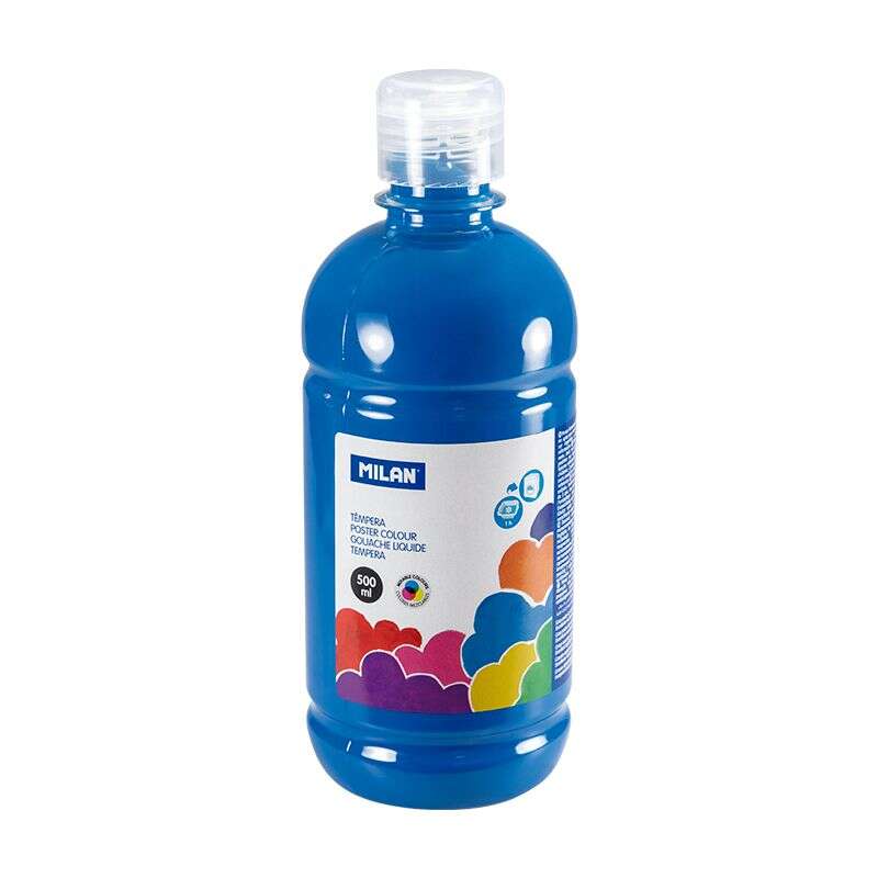 Flacon de peinture tempera Milan 500 ml - Bouchon doseur - Séchage rapide - Miscible - Bleu cyan