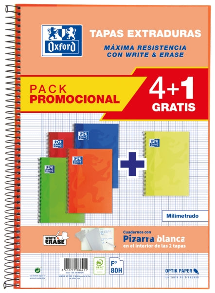 Oxford School Classic Write&Erase Pack 4 unidades+1 Fº - Cuaderno Espiral Tapa Extradura - Milimetrado con Margen - 80 Hojas - Colores Surtidos - Prinkweb