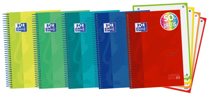 Oxford School Touch A5+ Europeanbook - Tapa Extradura Resistente - 120 Hojas de Colores Vivos - Cuadricula 5x5 - Cantidad: 5 - Prinkweb