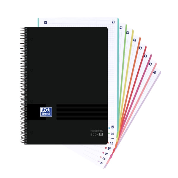 Oxford Europeanbook 8 Live & Go Cuaderno Espiral A4+ 160 Hojas Cuadricula 5x5 - 8 Bandas de Color - Tapa de Plastico Resistente - Color Negro - Cantidad: 5 - Prinkweb