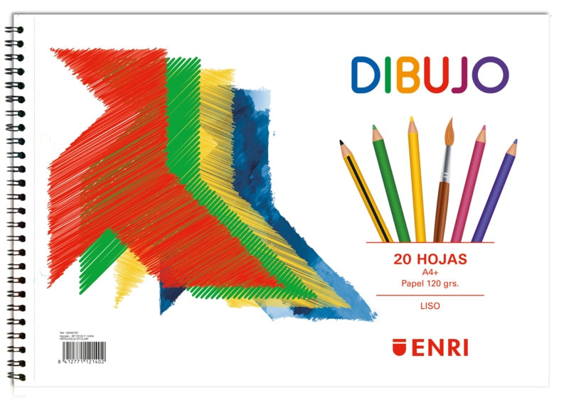 Bloc de dessin Enri Pajarita A4+ - Couverture souple - 20 feuilles 120 g/m² - Micro-perforé - 2 trous - Uni