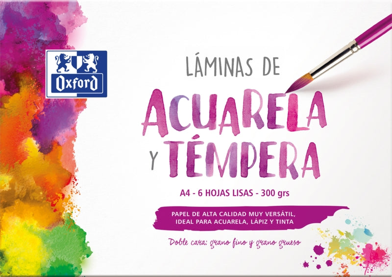 Conjunto de tintas Oxford School, folhas A4 para aguarela e têmpera - 6 folhas de 300 g/m² - Ideal para projetos escolares - Superfície lisa para um acabamento profissional - Quantidade: 5