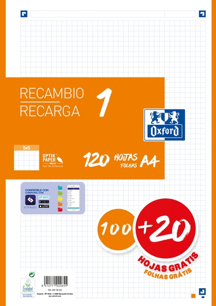 Oxford School Recambio A4 120 Hojas Cuadricula 5x5mm - 4 Taladros - Banda de Color Naranja - Prinkweb