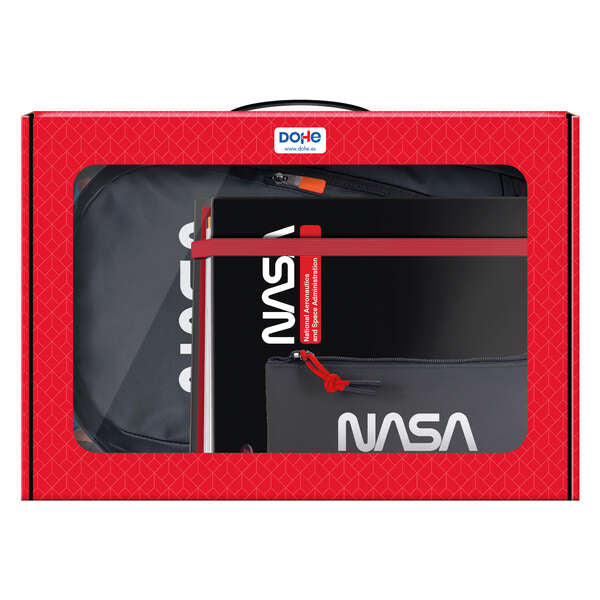 Dohe Pack Sac à dos, classeur et trousse NASA Noir - Coffret cadeau 365 x 515 x 105 mm - Classeur A4 rechargeable - Grand sac à dos à 3 compartiments - Trousse triple