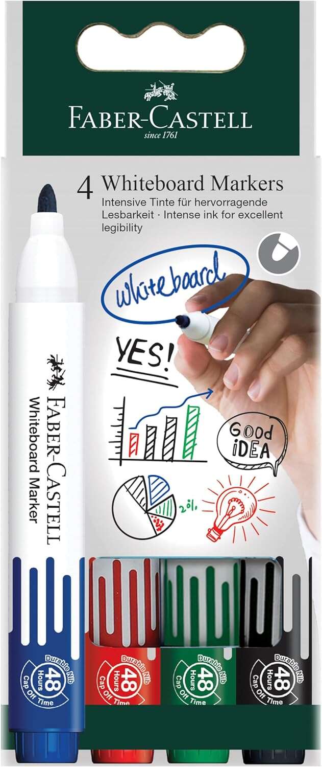 Conjunto de 4 Marcadores para Quadro Branco Faber-Castell W20 - Ponta Redonda - Largura da Linha de 2,25 mm
