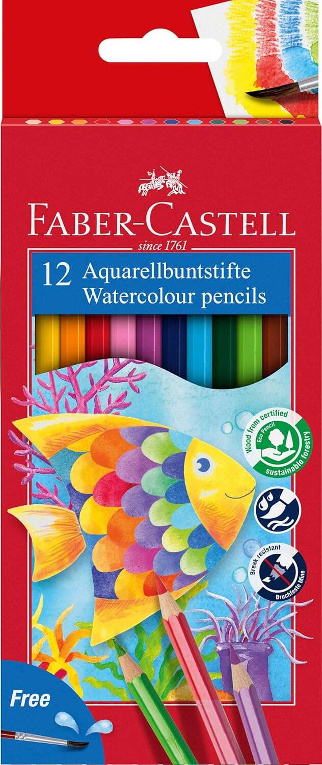 Lápis de aguarela Faber-Castell Classic Colour, pacote de 12 lápis de aguarela hexagonais + Pi