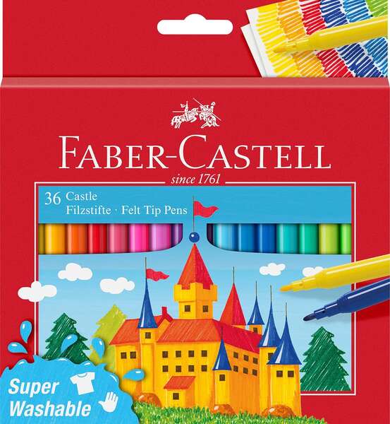 Lot de 36 feutres Faber-Castell Château - Encre lavable à base d'eau - Couleurs assorties