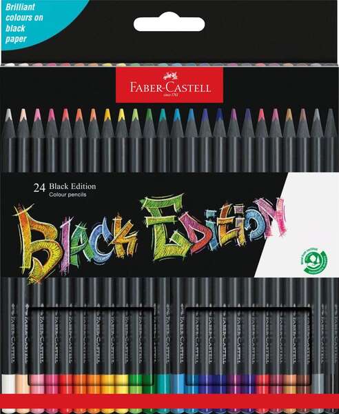 Conjunto de 24 lápis de cor Faber-Castell Black Edition - Mina supermacia - Madeira preta - Ideal