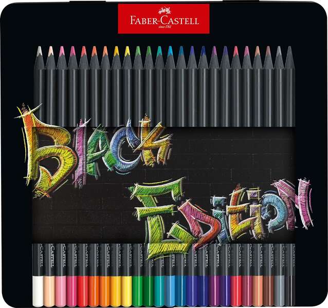 Boîte métallique Faber-Castell Black Edition de 24 crayons de couleur - Mine extra tendre - Bois noir
