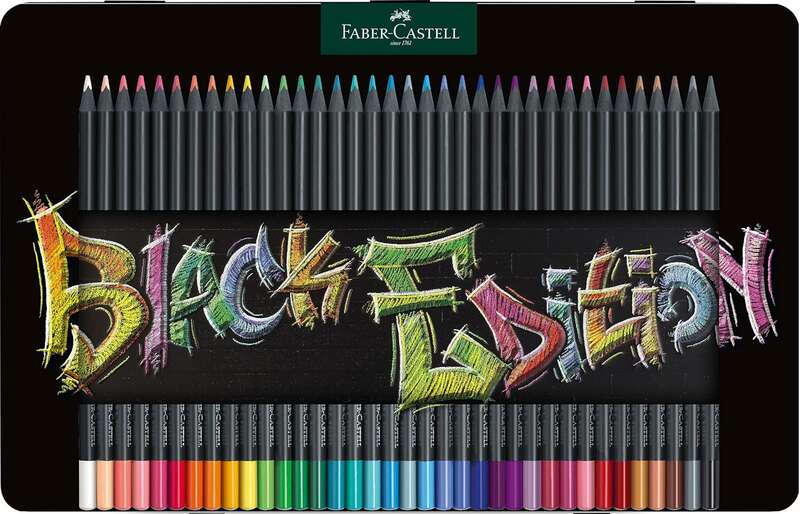 Lata metálica Faber-Castell Black Edition com 36 lápis de cor - Mina supermacia - Madeira preta