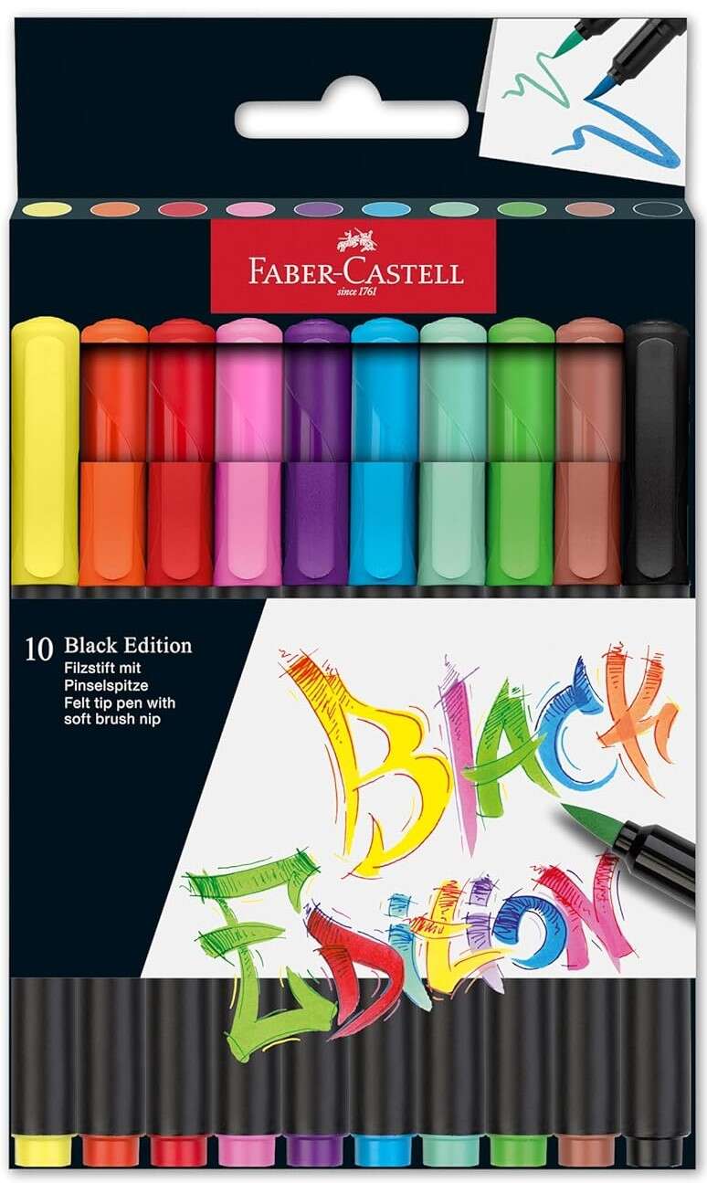 Lot de 10 feutres à pointe pinceau Faber-Castell Black Edition - Encre à base de colorant alimentaire